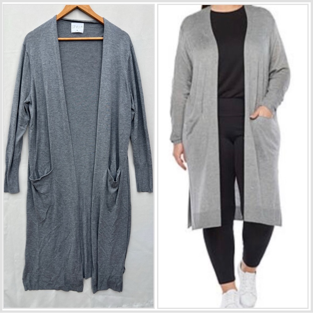 STYLUS |Women's Long Open Front Duster Cardigan Gray XL‎ (EUC)